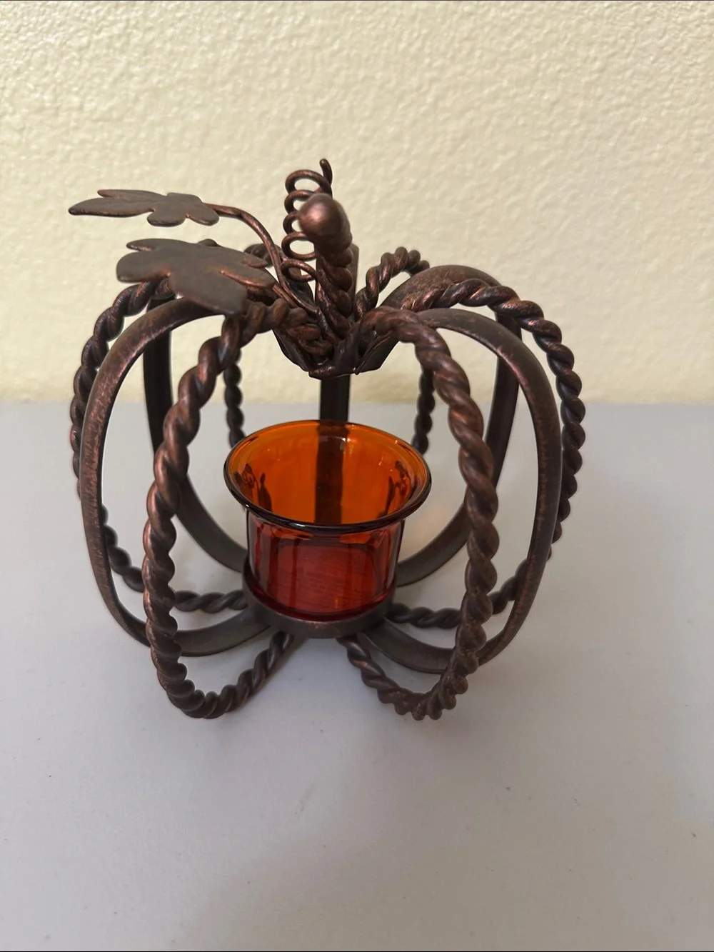 Pier 1 Bronze-Tone Twisted Metal Pumpkin Candle Holder with Amber Glass